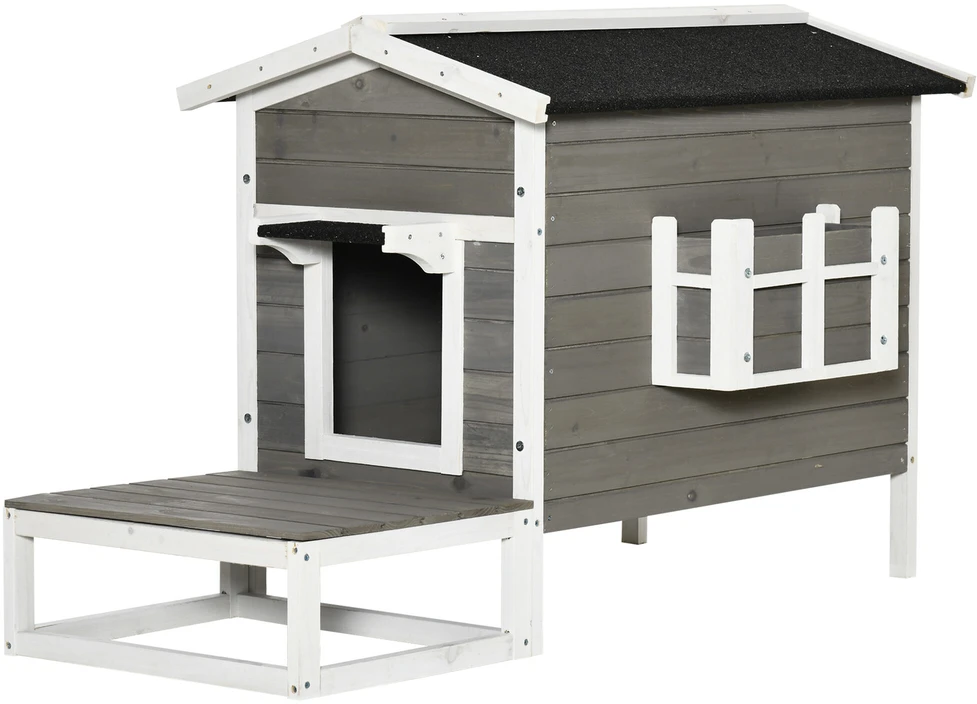 PawHut kačių namelis, būdelė, urvas, namelis smulkiems gyvūnams su terasa ir balkonu katėms, šunims, eglės mediena, pilka + balta, 115 x 66,5 x 74,7 cm