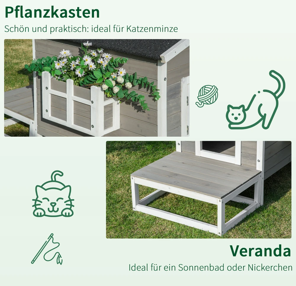 PawHut kačių namelis, būdelė, urvas, namelis smulkiems gyvūnams su terasa ir balkonu katėms, šunims, eglės mediena, pilka + balta, 115 x 66,5 x 74,7 cm