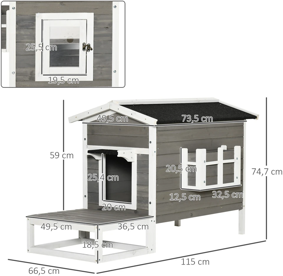 PawHut kačių namelis, būdelė, urvas, namelis smulkiems gyvūnams su terasa ir balkonu katėms, šunims, eglės mediena, pilka + balta, 115 x 66,5 x 74,7 cm
