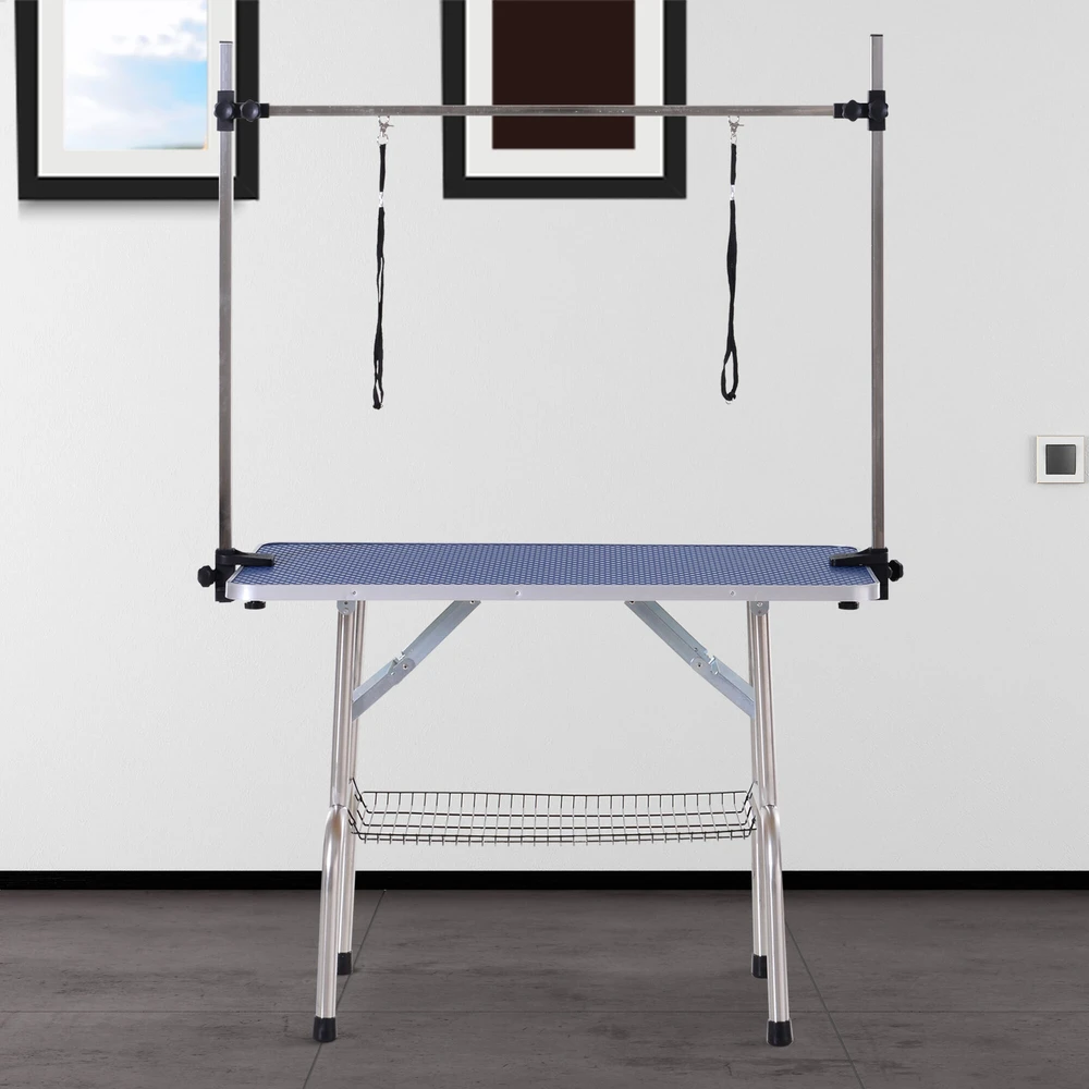 PawHut reguliuojamo aukščio kirpimo stalas šunims su apatiniu krepšiu, sulankstomas, nerūdijantis plienas, mėlynas, 107x60x170 cm