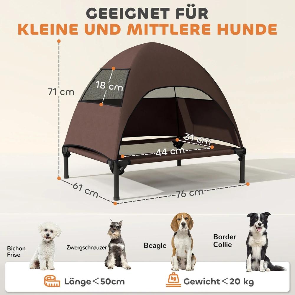 PawHut šunų guolis lauke su stogeliu, pakelta šunų lova vidutiniams šunims, vėsinantis naminių gyvūnų gultas su plaunama tinklelio metaline rėmo nešiojimo krepšiu, naminių gyvūnų lova laukui, stovyklavimui 76x61x71cm, kavos spalvos