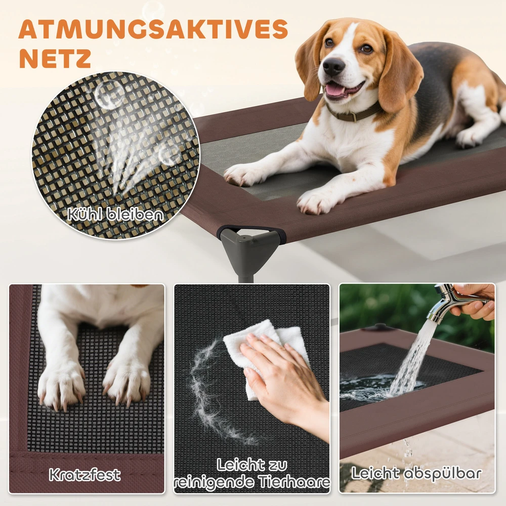 PawHut šunų guolis lauke su stogeliu, pakelta šunų lova vidutiniams šunims, vėsinantis naminių gyvūnų gultas su plaunama tinklelio metaline rėmo nešiojimo krepšiu, naminių gyvūnų lova laukui, stovyklavimui 76x61x71cm, kavos spalvos
