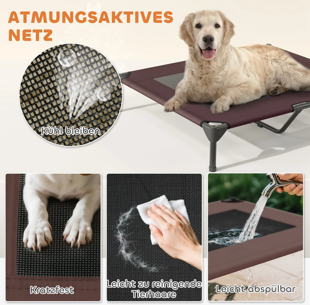 PawHut lauko šunų gultas su stogeliu, pakelta šunų lova dideliems šunims, vėsinantis augintinių gultas su plaunamu tinkleliu, metaliniu rėmu ir krepšiu nešiojimui, gultas laukui ar stovyklavimui 91x76x90cm, kavos spalvos