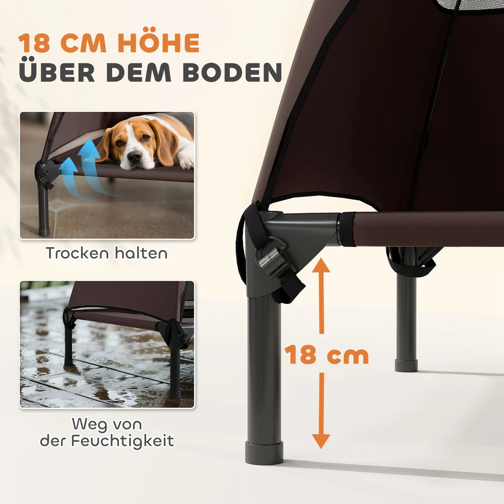 PawHut lauko šunų gultas su stogeliu, pakelta šunų lova dideliems šunims, vėsinantis augintinių gultas su plaunamu tinkleliu, metaliniu rėmu ir krepšiu nešiojimui, gultas laukui ar stovyklavimui 91x76x90cm, kavos spalvos