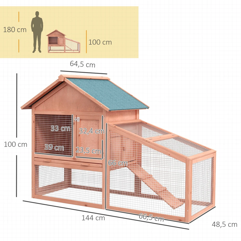 PawHut narvas smulkiems gyvūnams, 144 x 64,5 x 100 cm, su bitumine stogo danga, dviejų aukštų, natūralios spalvos eglės mediena
