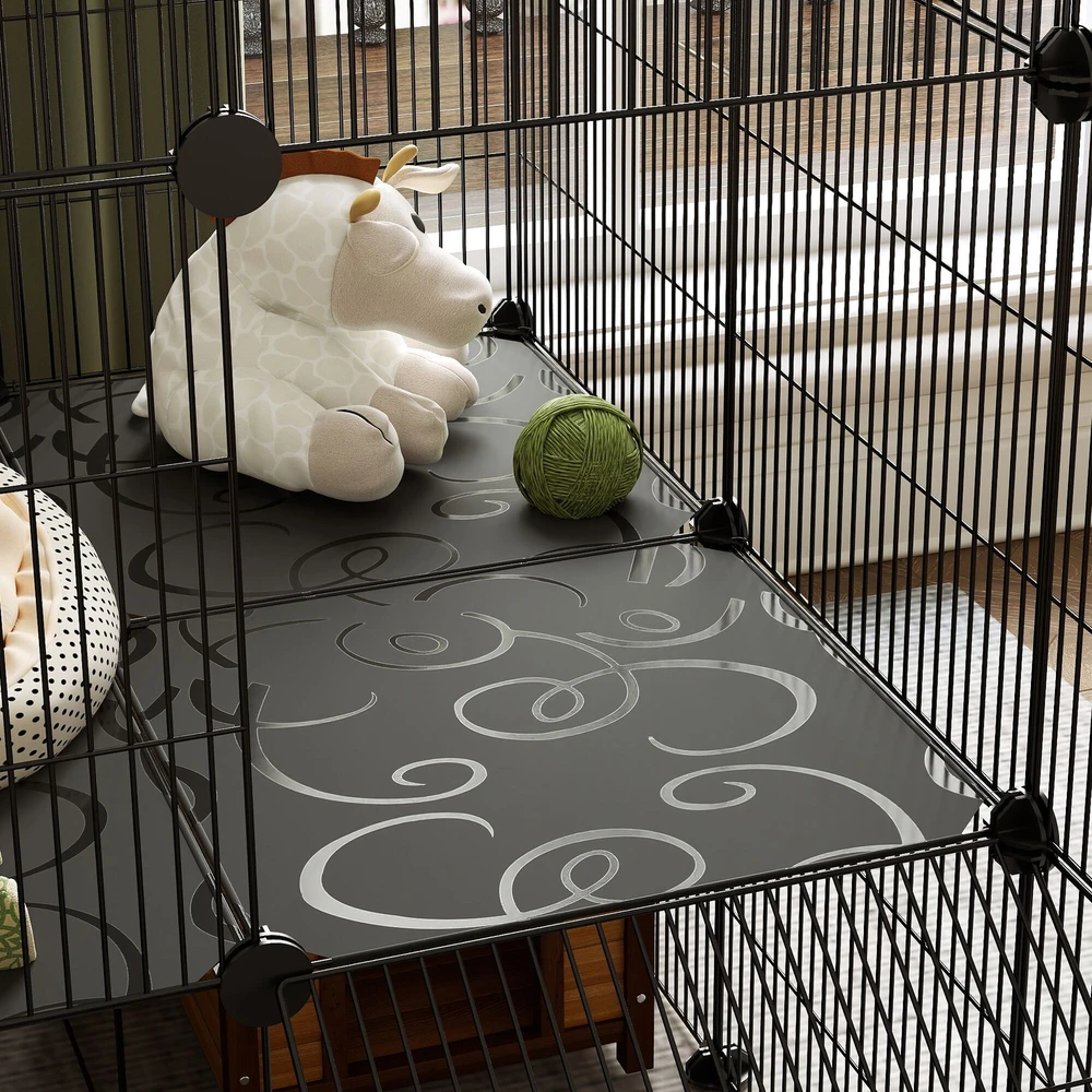 PawHut aptvaras smulkiems gyvūnams, 39 dalių narvas su rampa, DIY metalinis grotuotas aptvaras, atidaromas, juodas, 140 x 70 x 105 cm