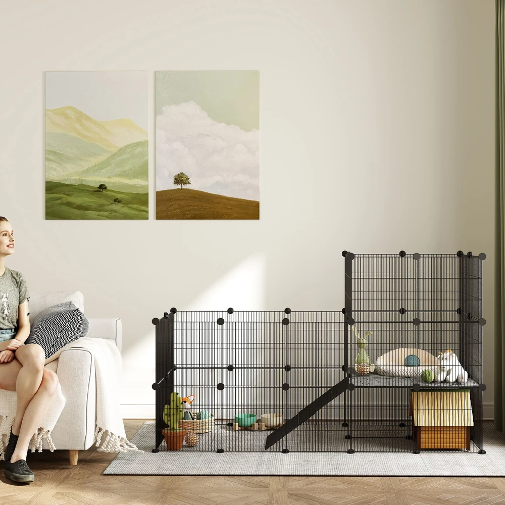 PawHut aptvaras smulkiems gyvūnams, 39 dalių narvas su rampa, DIY metalinis grotuotas aptvaras, atidaromas, juodas, 140 x 70 x 105 cm