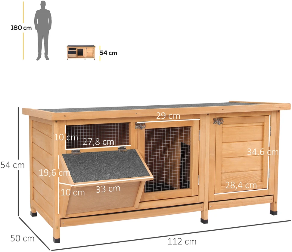 PawHut narvelis smulkiems gyvūnams, 112x50x54 cm, su padėklu, bituminiu stogu ir ėdžėmis, pagamintas iš eglės medienos, natūralios ir juodos spalvos