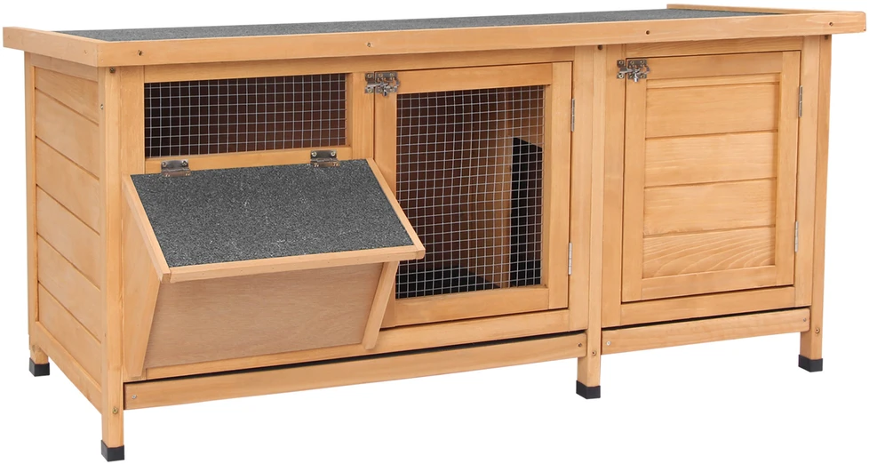 PawHut narvelis smulkiems gyvūnams, 112x50x54 cm, su padėklu, bituminiu stogu ir ėdžėmis, pagamintas iš eglės medienos, natūralios ir juodos spalvos