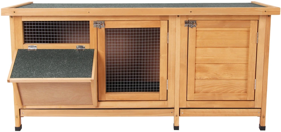 PawHut narvelis smulkiems gyvūnams, 112x50x54 cm, su padėklu, bituminiu stogu ir ėdžėmis, pagamintas iš eglės medienos, natūralios ir juodos spalvos
