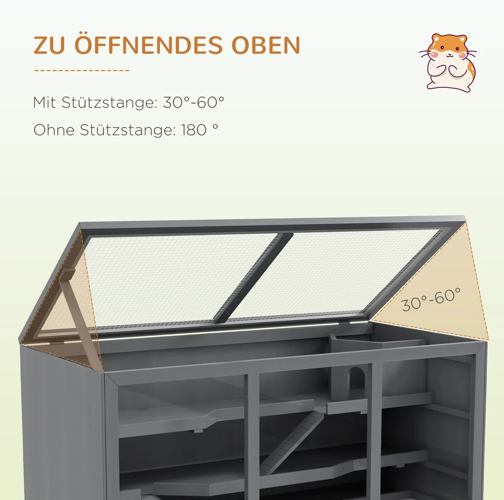 PawHut medinis narvelis žiurkėnams ir smulkiems graužikams, trijų aukštų narvelis su laipteliais, pilkas, 115 x 57 x 55 cm
