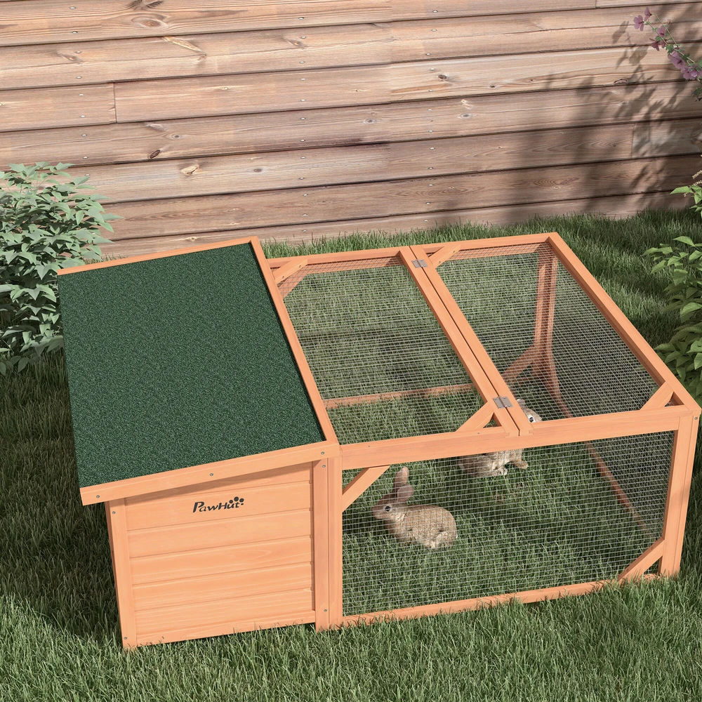 PawHut smulkių gyvūnų narvas nykštukiniams triušiams 125,5x100x49 cm su atidaromu bituminiu stogu, tinka naudoti lauke ir viduje, atsparus oro sąlygoms, iš eglės medienos, oranžinis ir žalias