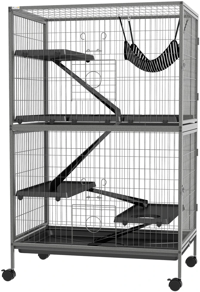 "Pawhut" narvas graužikams Daugiafunkcinis 4 platformos 3 rampos 4 durys Matmenys 80L x 52W x 128H cm Plieninis pilkas sidabrinis juodas