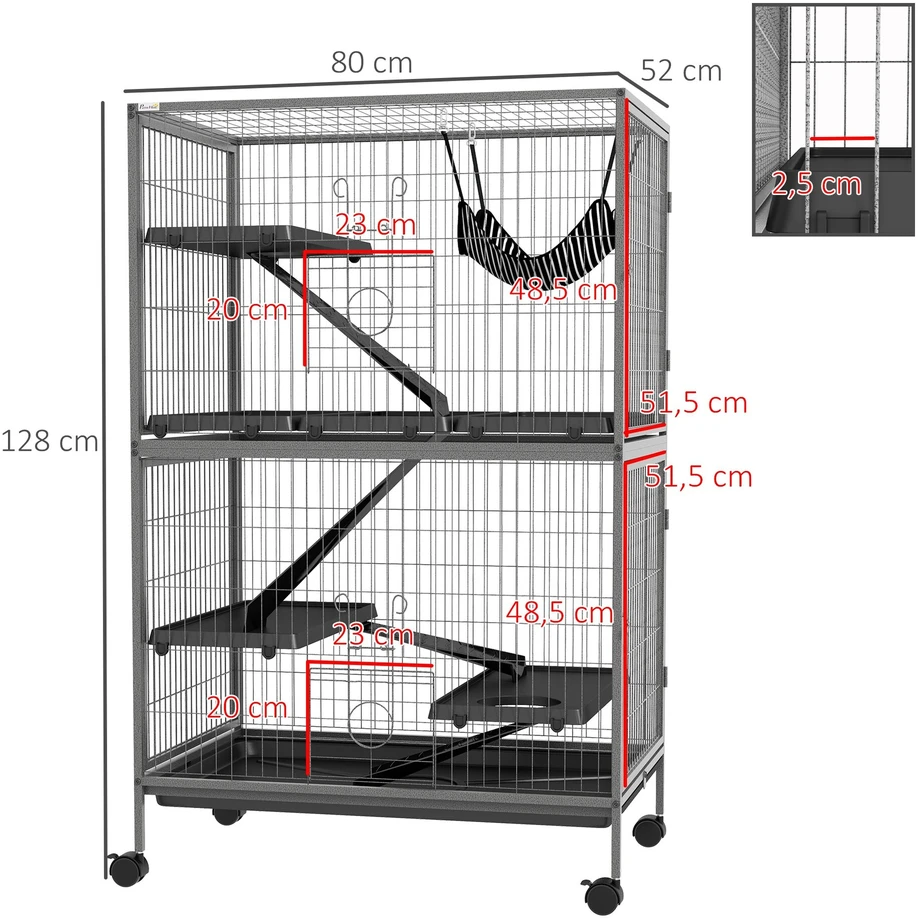 "Pawhut" narvas graužikams Daugiafunkcinis 4 platformos 3 rampos 4 durys Matmenys 80L x 52W x 128H cm Plieninis pilkas sidabrinis juodas