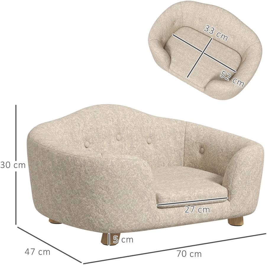 PawHut naminių gyvūnų sofa, šuns guolis su pagalve, kišene atloše, pliušiniu užvalkalu, kreminės baltos spalvos, pušies rėmas