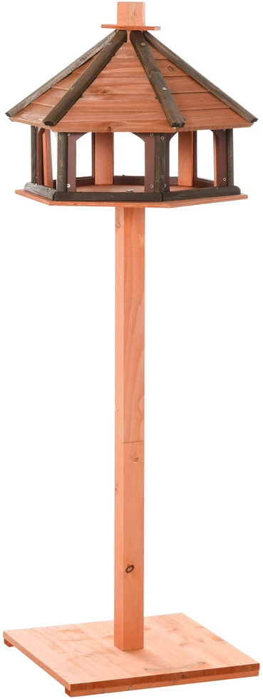PawHut paukščių namelis, lesykla, medinė paukščių vila, lesykla su stovu, stalo lesykla su vandeniui atspariu stogeliu, natūralios spalvos, Ø52 x 130 cm