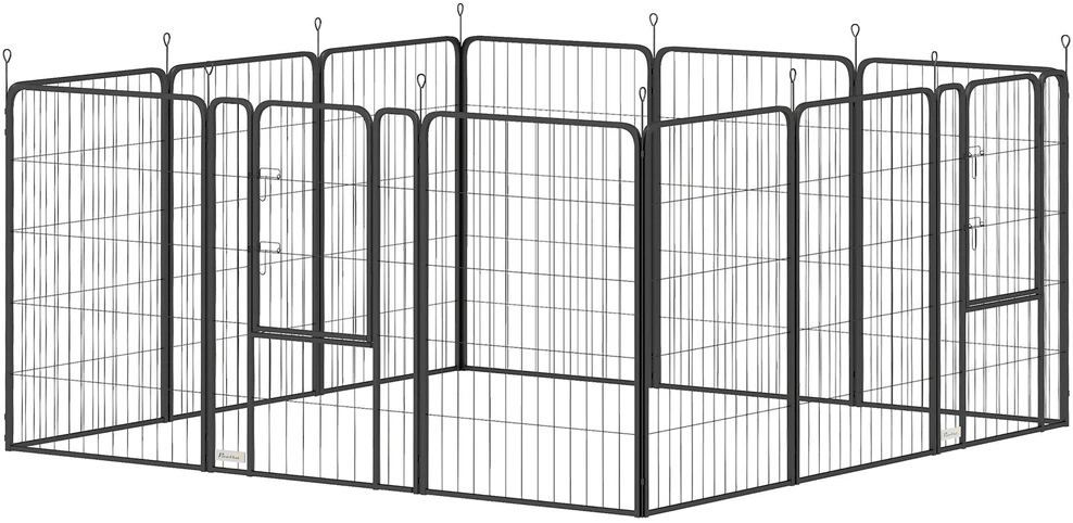 PawHut šuniukų aptvaras, 12 dalių, 100 cm aukščio, sulankstomas, plieno voljeras šunims ir katėms, juodas