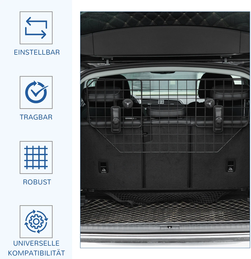 PawHut šunų apsauginės grotelės, universalios automobilių bagažinės grotelės, reguliuojamos pertvaros šunims, metalinės, juodos spalvos, (90-120)x40,5 cm