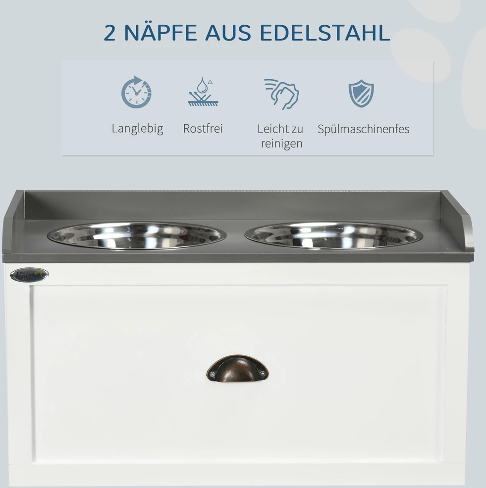 PawHut šunų dubenėliai su stalčiumi, 2x2L, pakeliami, nerūdijantis plienas, šėrimo stotelė katėms/šunims, balti