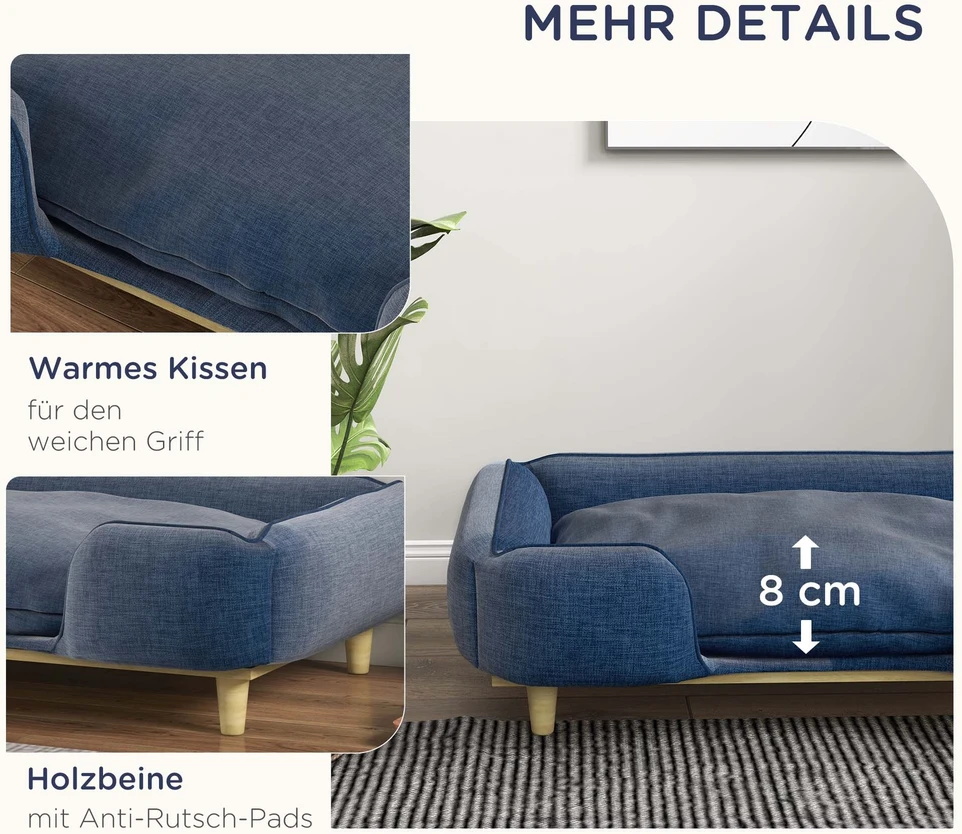 PawHut šunų lova, šunų pagalvė, šunų krepšelis, šunų sofa, medinės kojelės, poliesteris, tamsiai mėlyna, 96 x 66 x 24 cm
