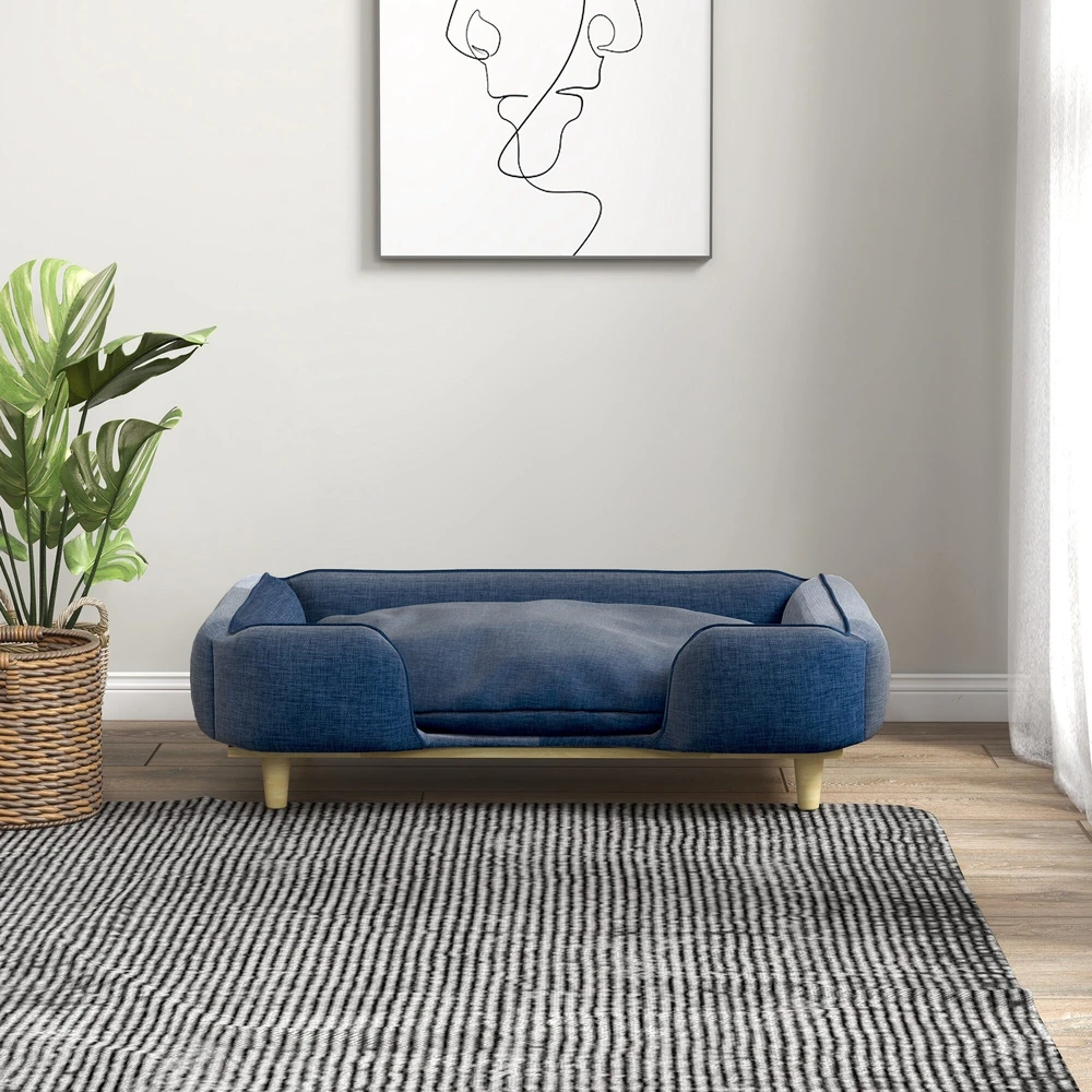 PawHut šunų lova, šunų pagalvė, šunų krepšelis, šunų sofa, medinės kojelės, poliesteris, tamsiai mėlyna, 96 x 66 x 24 cm
