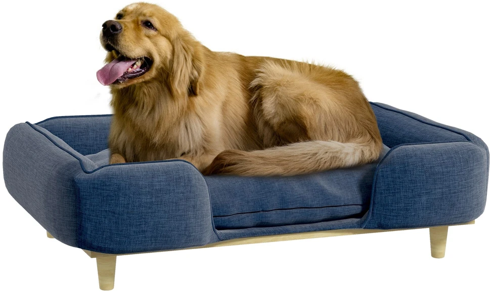 PawHut šunų lova, šunų pagalvė, šunų krepšelis, šunų sofa, medinės kojelės, poliesteris, tamsiai mėlyna, 96 x 66 x 24 cm