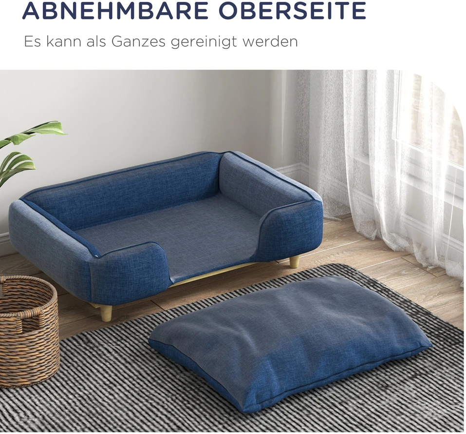 PawHut šunų lova, šunų pagalvė, šunų krepšelis, šunų sofa, medinės kojelės, poliesteris, tamsiai mėlyna, 96 x 66 x 24 cm