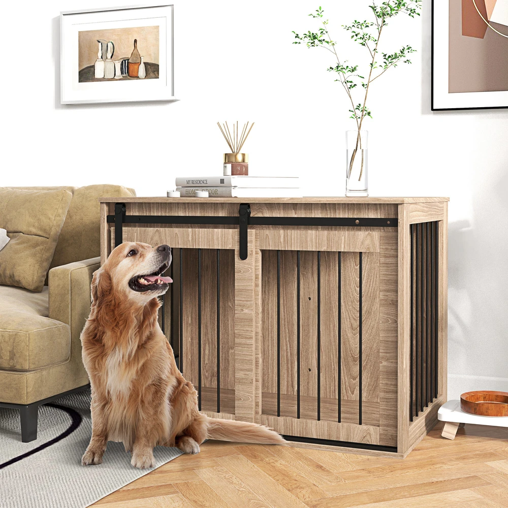 PawHut šunų narvas, šunų namelis su stumdomomis durimis, vidaus naudojimui, medžio imitacija, su užraktu, dideliems šunims iki 30 kg, 98 x 58 x 67 cm, riešutmedžio spalvos