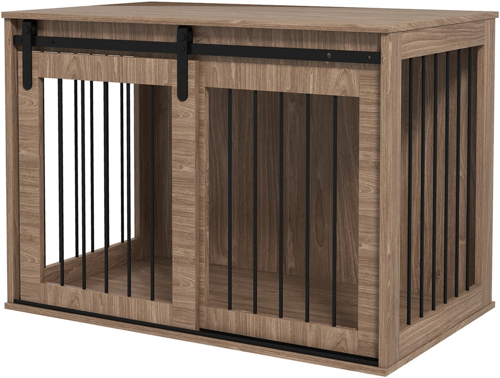 PawHut šunų narvas, šunų namelis su stumdomomis durimis, vidaus naudojimui, medžio imitacija, su užraktu, dideliems šunims iki 30 kg, 98 x 58 x 67 cm, riešutmedžio spalvos