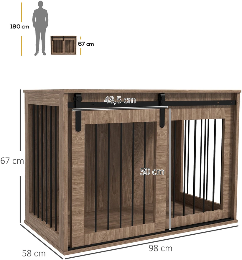 PawHut šunų narvas, šunų namelis su stumdomomis durimis, vidaus naudojimui, medžio imitacija, su užraktu, dideliems šunims iki 30 kg, 98 x 58 x 67 cm, riešutmedžio spalvos