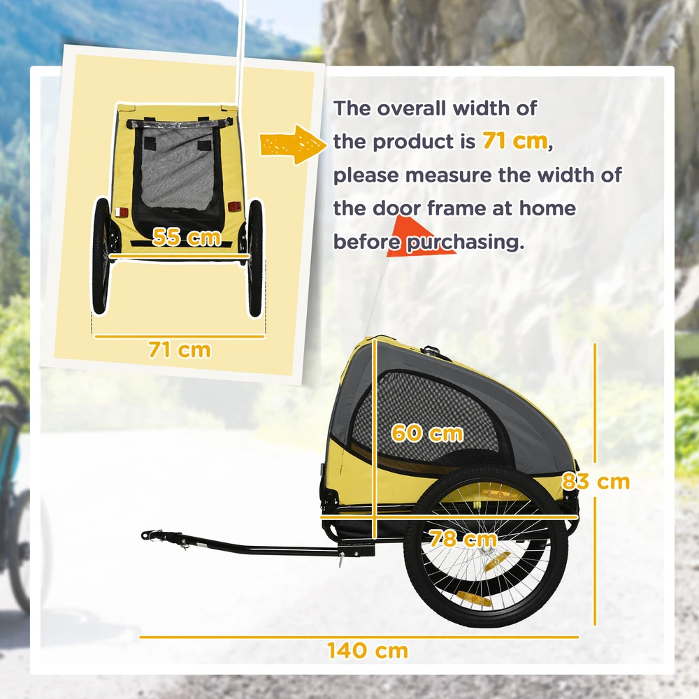 PawHut šunų priekaba, sulankstoma dviračio priekaba su tinkliniais langeliais, atšvaitais, vėliavėle, greito atjungimo mechanizmu, Oksfordo audinys, plienas, geltona, 140 x 71 x 83 cm