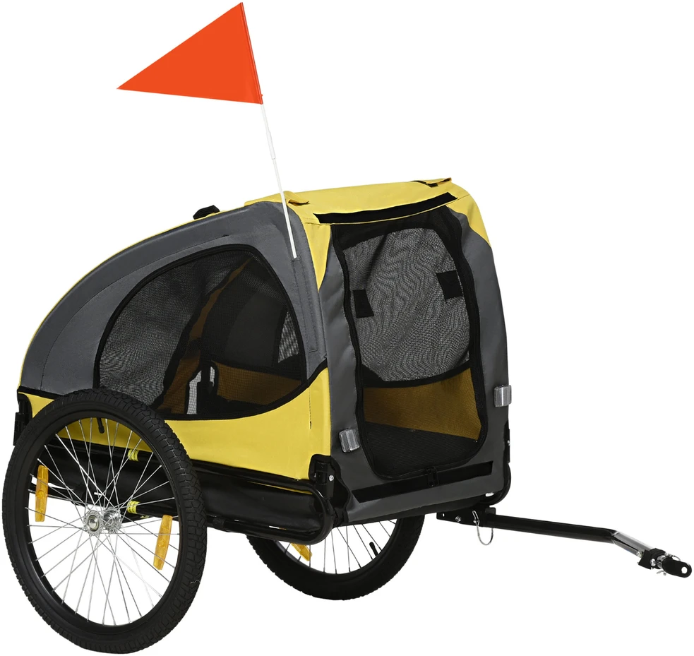 PawHut šunų priekaba, sulankstoma dviračio priekaba su tinkliniais langeliais, atšvaitais, vėliavėle, greito atjungimo mechanizmu, Oksfordo audinys, plienas, geltona, 140 x 71 x 83 cm