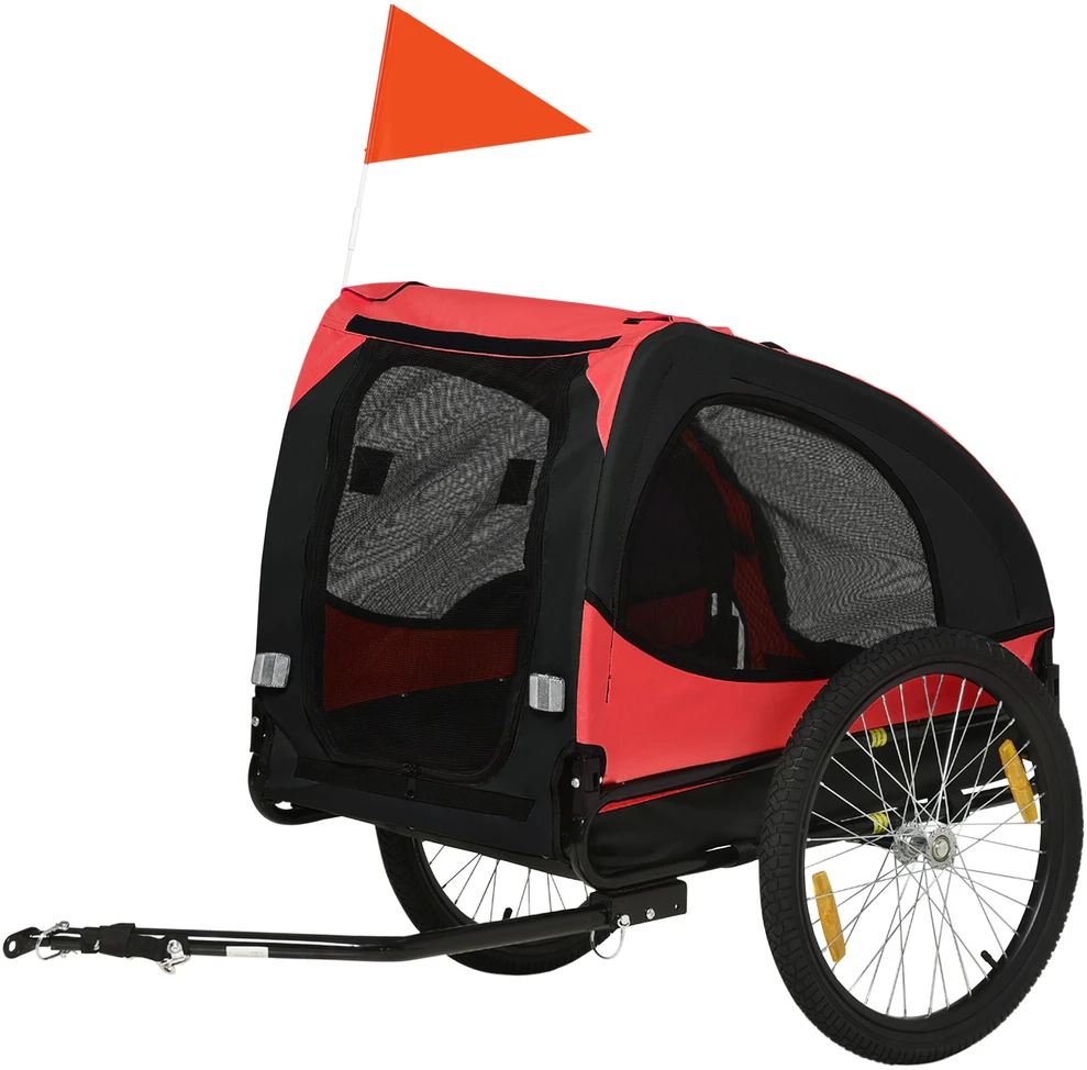 PawHut šunų priekaba, sulankstoma dviračio priekaba šunims, šunų vežimėlis su atšvaitais, greito atjungimo mechanizmas, dviračio priekaba šunims, atspari vandeniui, Oksfordo audinys, plienas, raudona, 140 x 71 x 83 cm