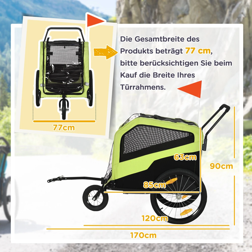 "PawHut 2-in-1" priekaba šunims, dviračio priekaba šunims, vežimėlis šunims su atšvaitais, vežimėlis šunims iki 30 kg, dviračių priekaba dideliems šunims, Oksfordo audinys, žalia spalva