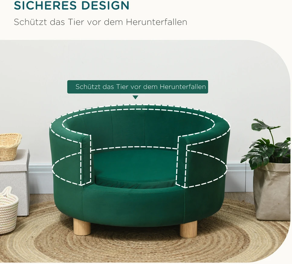 PawHut šunų guolis – elegantiška šunų sofa su minkštu užvalkalu ir medinėmis kojelėmis, 65x64x37 cm
