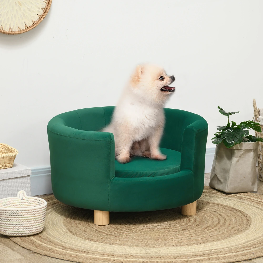 PawHut šunų guolis – elegantiška šunų sofa su minkštu užvalkalu ir medinėmis kojelėmis, 65x64x37 cm