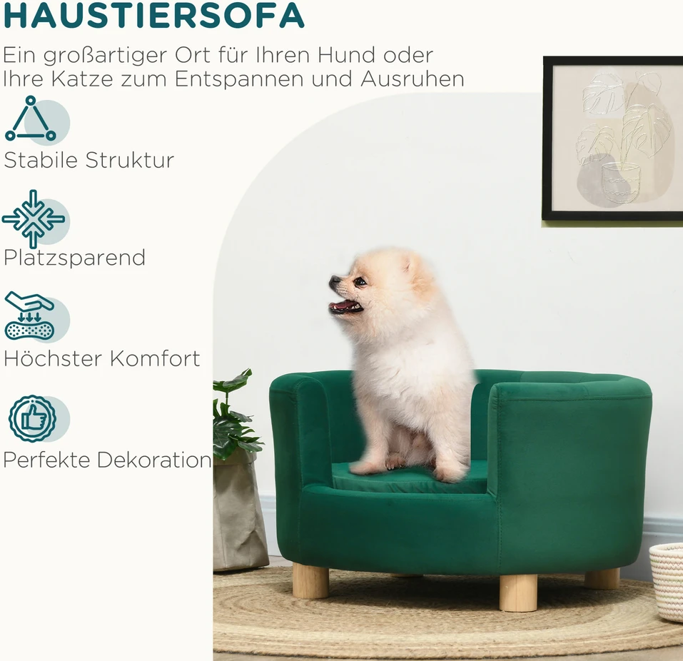 PawHut šunų guolis – elegantiška šunų sofa su minkštu užvalkalu ir medinėmis kojelėmis, 65x64x37 cm