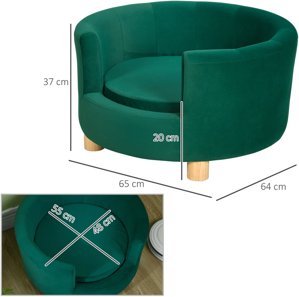 PawHut šunų guolis – elegantiška šunų sofa su minkštu užvalkalu ir medinėmis kojelėmis, 65x64x37 cm
