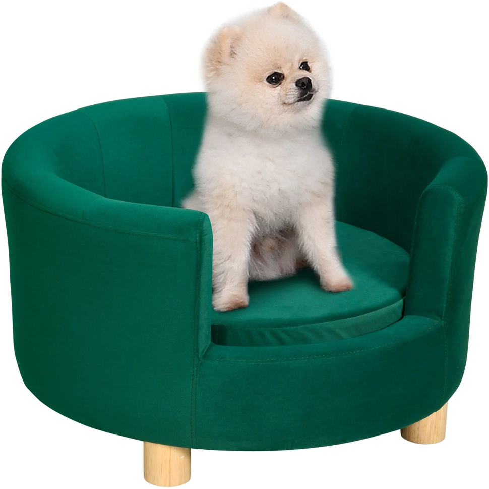 PawHut šunų guolis – elegantiška šunų sofa su minkštu užvalkalu ir medinėmis kojelėmis, 65x64x37 cm