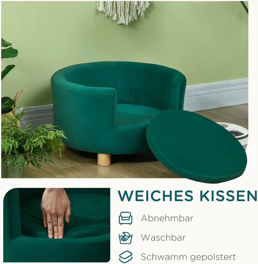 PawHut šunų guolis – elegantiška šunų sofa su minkštu užvalkalu ir medinėmis kojelėmis, 65x64x37 cm