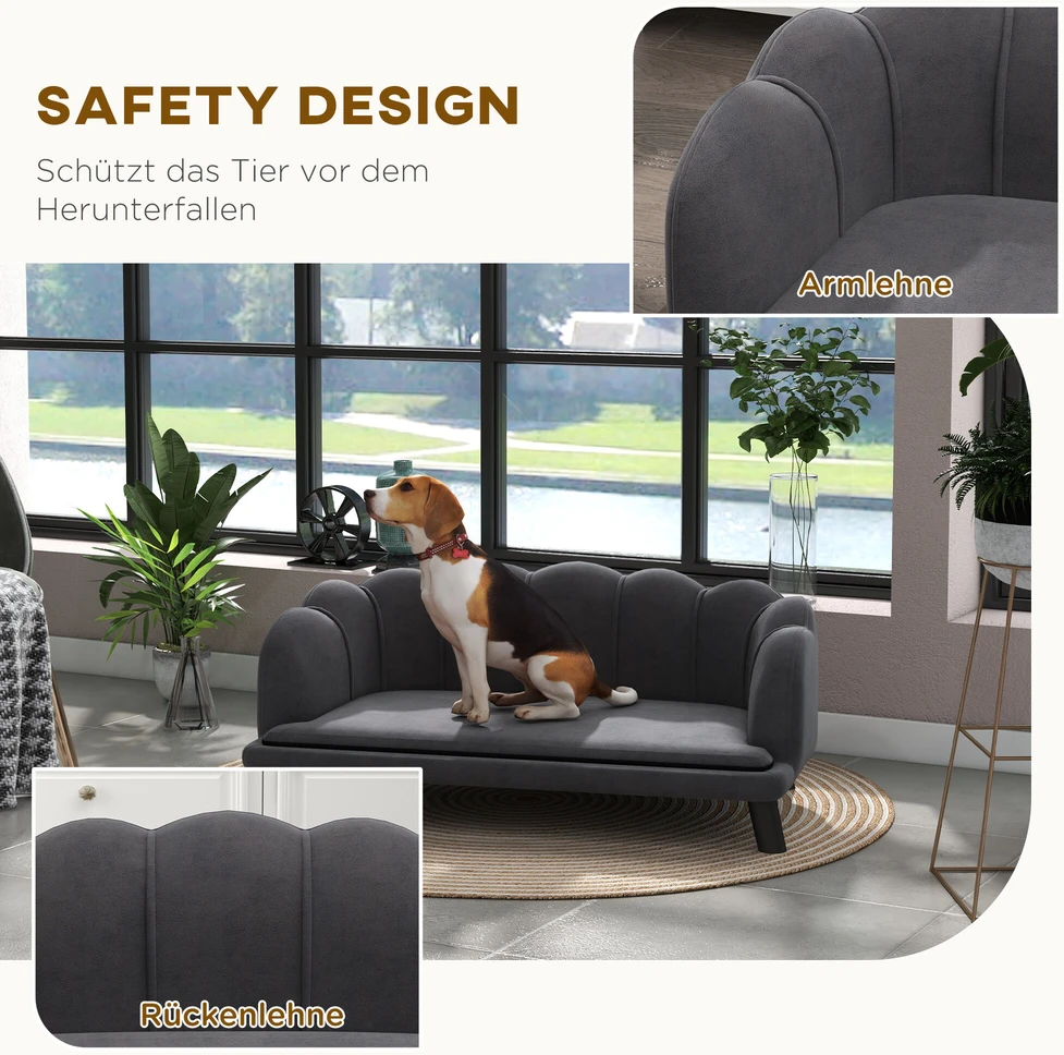 Prabangi PawHut šunų sofa su atlošu ir medinėmis kojelėmis, tamsiai pilka, 98,5x60,5x35,5 cm