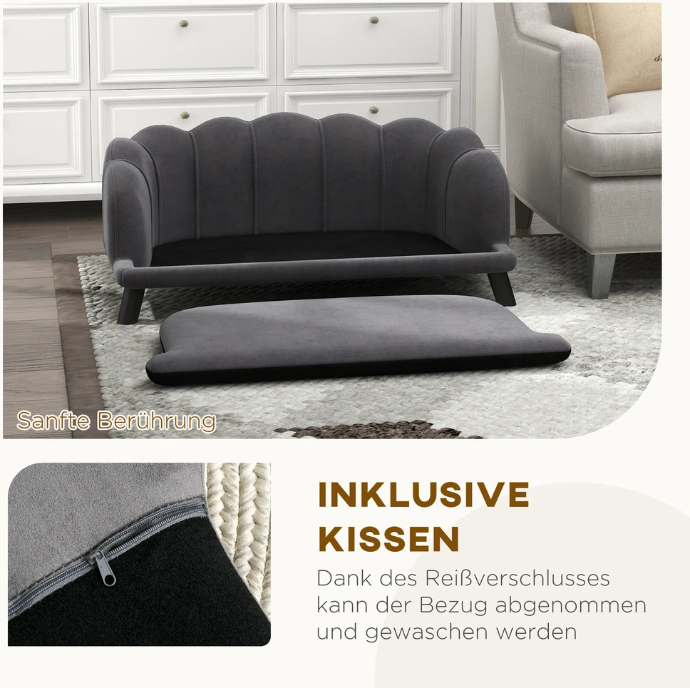 Prabangi PawHut šunų sofa su atlošu ir medinėmis kojelėmis, tamsiai pilka, 98,5x60,5x35,5 cm