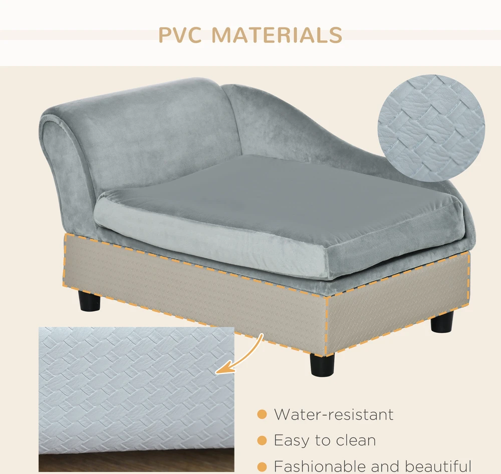 PawHut šunų sofa, pliušinė šunų lova su kilimėliu ir saugykla, natūrali mediena, šviesiai mėlyna, 76x45x41,5 cm