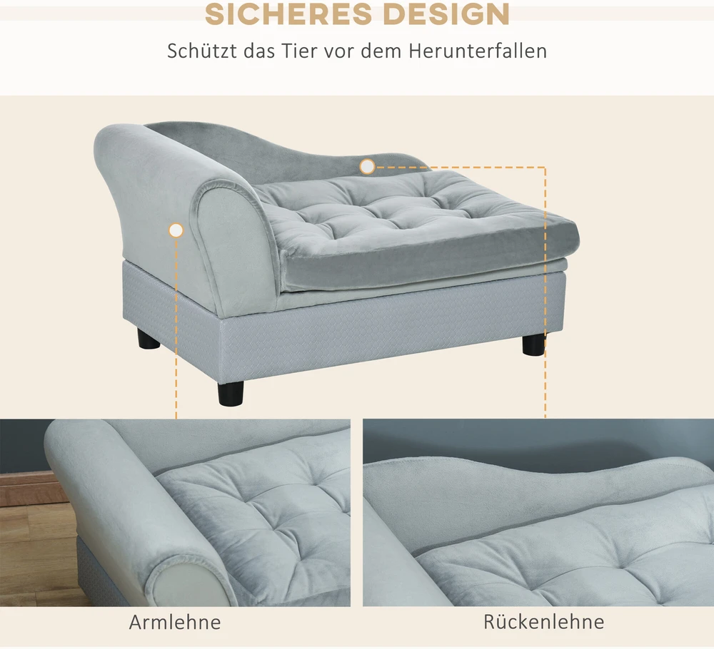 PawHut šunų sofa, pliušinė šunų lova su kilimėliu ir saugykla, natūrali mediena, šviesiai mėlyna, 76x45x41,5 cm