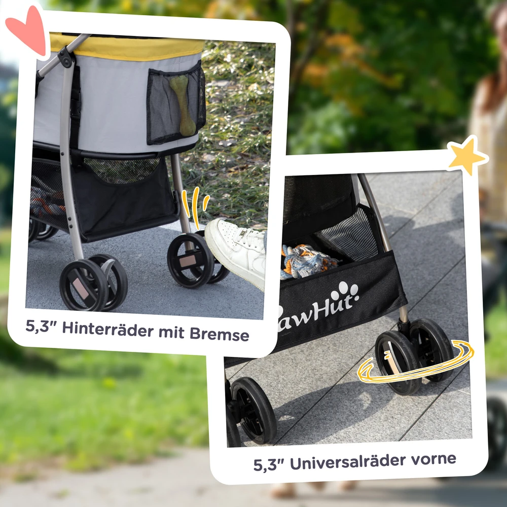 PawHut šunų vežimėlis, 2-in-1 vežimėlis ir nešynė šunims, sulankstomas šunų vežimėlis su pagalve, 4 ratai, tinkliniai langai, Oksfordo audinys, geltonas