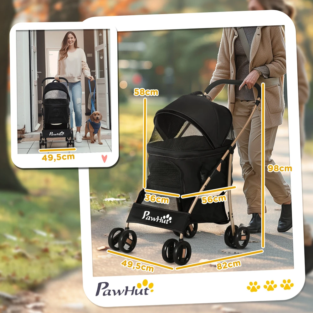 PawHut 2-in-1 šunų vežimėlis ir krepšys nešiojimui, sulankstomas šunų vežimėlis su pagalvėle, 4 ratai, tinkliniai langeliai, Oksfordo audinys, juodas