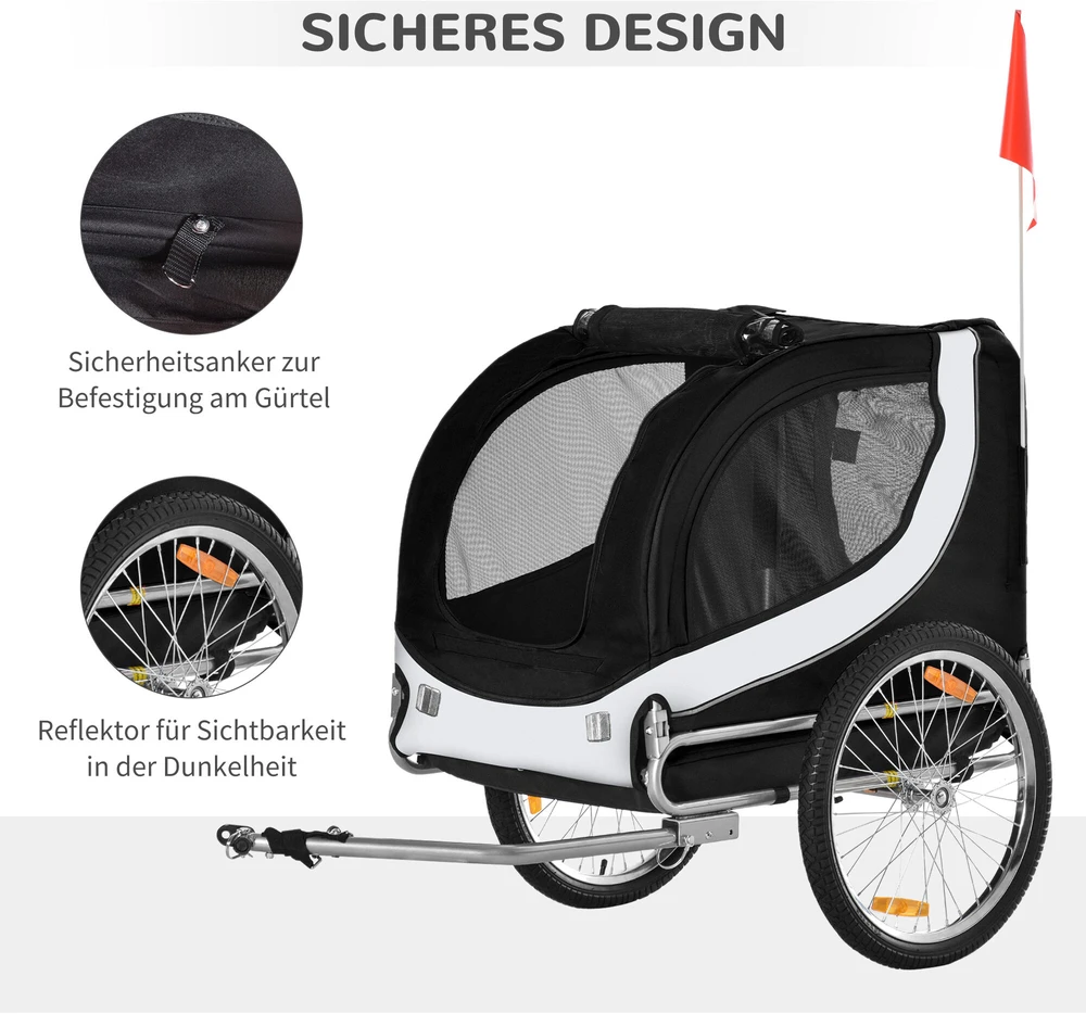 PawHut šunų priekaba dviračių priekaba šunų transporteris dviratis balta+juoda 130x73x90cm