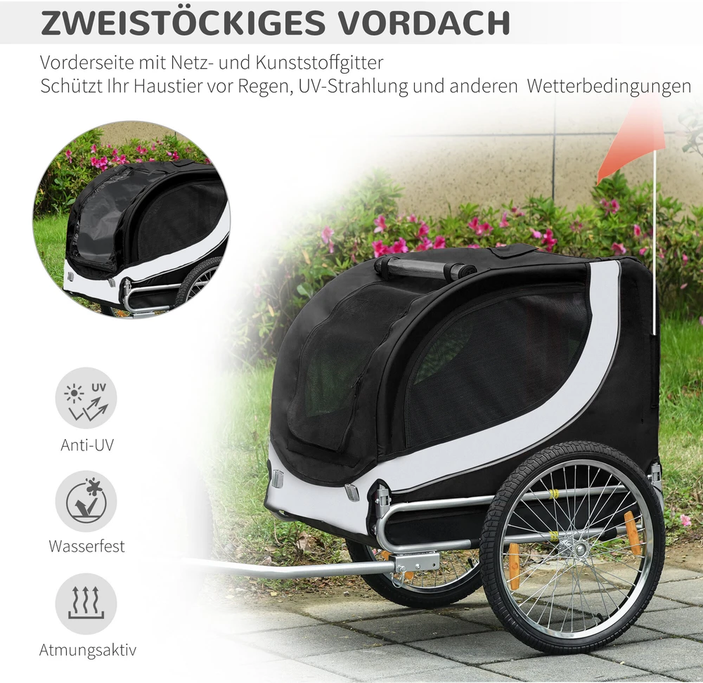 PawHut šunų priekaba dviračių priekaba šunų transporteris dviratis balta+juoda 130x73x90cm