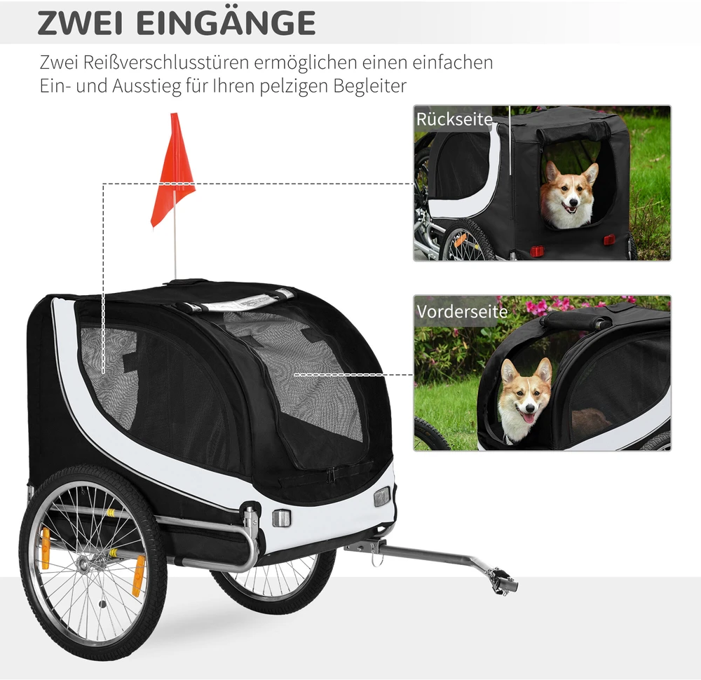 PawHut šunų priekaba dviračių priekaba šunų transporteris dviratis balta+juoda 130x73x90cm