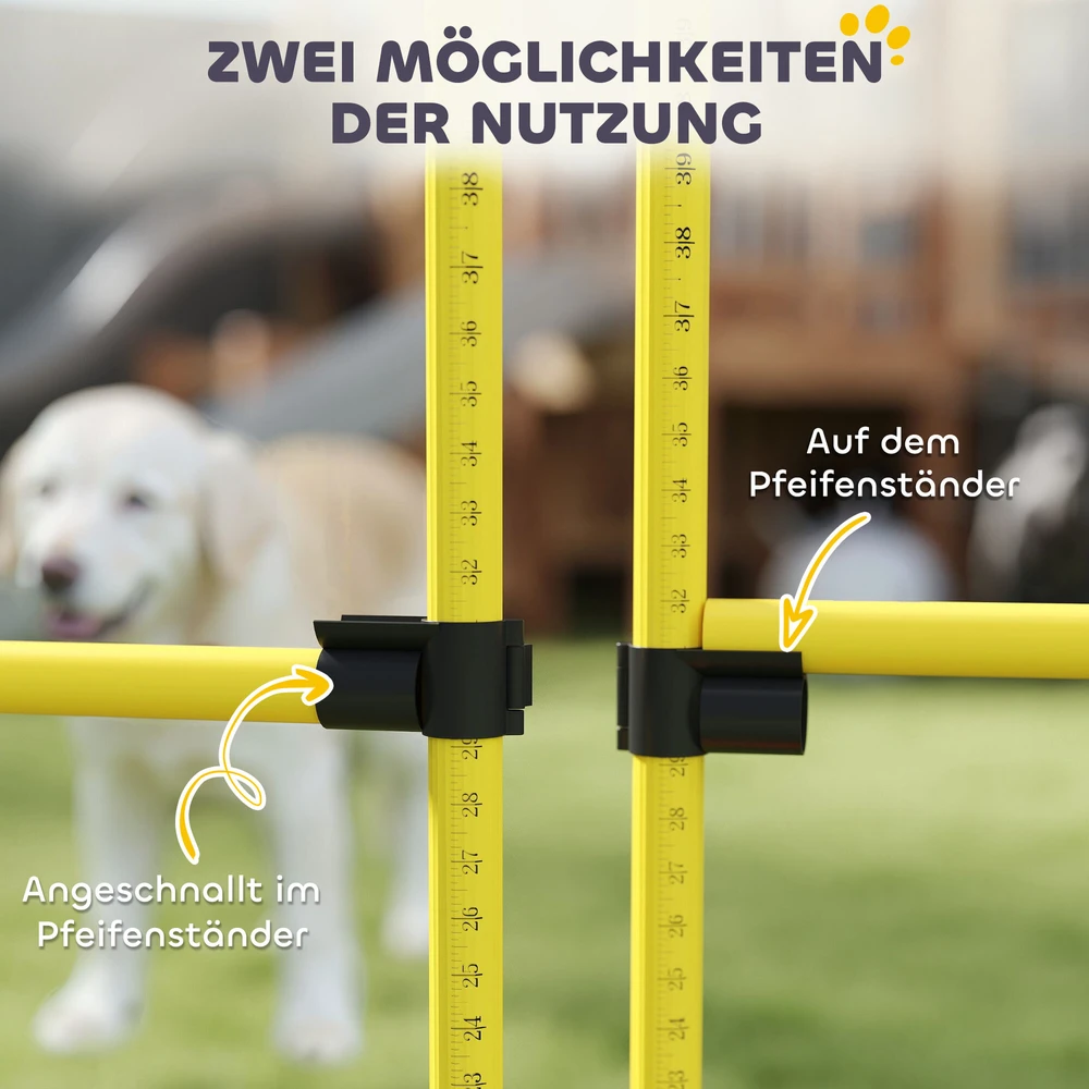 PawHut 5 dalių šunų dresūros rinkinys, užpildomas agility kliūčių ruožas su reguliuojamo aukščio barjerais ir krepšiu, skirtas koordinacijos treniruotėms ir žaidimams